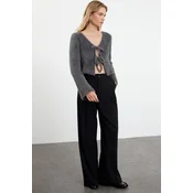Trendyol Anthracite Crop Feather Tie Detailed Knitwear Cardigan