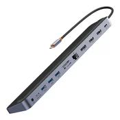 BASEUS 12u1 HUB stalak za prijenosno racunalo USB-C USB-A DP HDMI SD TF RJ45 3,5 mm prikljucak PD 100W sivi
