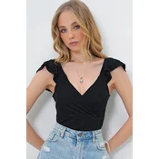 Trend Alacati Stili Ženska bluza kratkih rukava Alc-X13526, V-izrez, Crna