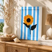 WallXpert rucno slikana uljana slika na platnu YBC11866, suncokret na plavo-belim prugama, 26 x 36 cm