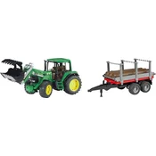 Bruder Traktor J.D. 6920 s čelnim nakladalnikom + prikolica za prevoz lesa - 1 k.