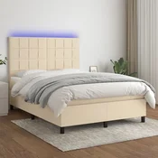 Greatstore Box spring postelja z vzmetnico LED krem 140x200 cm blago