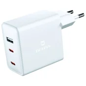 SWISSTEN GaN omrežni adapter 2x USB-C + 1x USB 70W PD Bela