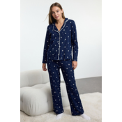 Trendyol Navy Blue 100% Cotton Winter Themed Piping Knitted Pajamas Set