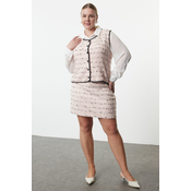 Trendyol Curve Pink Round Collar Tweed Black Piping Buttoned Plus Size Vest