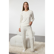 Trendyol Ecru Soft Touch Cotton Floral Ribbed Knitted Pajama Set