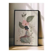 WallXpert uramljena slika 115240, žena u zelenoj haljini ispod ružicastog cveta divlje ruže, 30 x 40 cm, crni ram