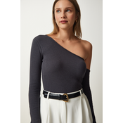Happiness Istanbul Womens Anthracite Open Shoulder Corded Knitted Blouse