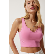Happiness Istanbul Womens Pink Strap Crop Knitted Blouse