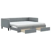 Vidaxl Izvlečna dnevna postelja s predali svetlo siva 90x200 cm blago