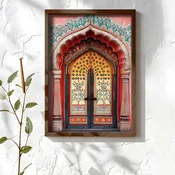 WallXpert uramljena MDF slika NAL052-70, orijentalna vrata sa žutim cvetnim krilima u crvenom luku, 50 x 70 cm
