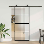Vidaxl Drsna vrata z opremo črna 90x205 cm kaljeno steklo