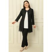 By Saygi Side Slit Sleeveless Blouse Sequin Embroidered Lined Tulle Jacket Trousers Large Size 3-Piece Set
