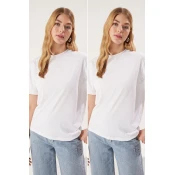 Trendyol White-White 2-Pack 100% Cotton Basic Stand Collar Knitted T-Shirt