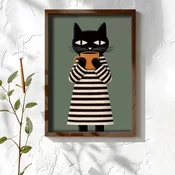 WallXpert uramljena MDF slika NAL034-46, crna macka u prugastoj haljini drži šolju na maslinastozelenoj, 35,5 x 47 cm