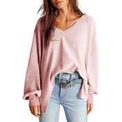 Ženska oversize bluza z V-izrezom, vafljasto pletivo, dolgi lantern rokavi, mehka casual tunika, svetlo roza barva, velikost S, moderen kroj z odprtimi šivi za udobno vsakodnevno nošenje in eleganco