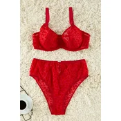 Trendyol Curve Red Velvet Leopard Print High Waist Plus Size Lingerie Sets