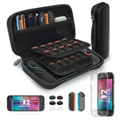 Nikcorp Zaščitni etui torbica Nintendo Switch 2 Tixlux komplet 12 dodatkov, črna, kaljeno steklo 99,99%, PC TPU EVA, etui 30 x 14 x 6 cm, prostor za konzolo dodatke in 20 kartic, zadrga dvojno ojačana