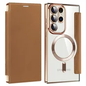 GS Ovitek za Samsung Galaxy S23 Ultra z naslonom, RFID denarnica MagSafe z zaščito kamere, rjava