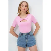 Trend Alacati Stili Ženska bluza kratkih rukava Alc-X13735, Okrugli izrez, Roze