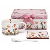 Porcelanasta skodelica z motivom tulipana 280 ml z žličko in podstavkom, idealna za darilo