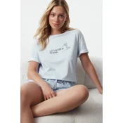 Trendyol Light Blue Cotton Striped Slogan Printed Knitted Pajama Set