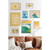 WallXpert set od 8 manjih uramljenih slika Çgs-057, letnji motivi u žutim i tirkiznim tonovima – sunce, surfer, talasi i limunada, ram u boji prirodnog drveta