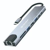 Hub postaja Techsuit NetBridge 8v1 (H2) USB-C - 2x USB-C, 2x USB-A, HDMI, RJ45, TF/SD, 4K pri 30Hz, PD87W - gray
