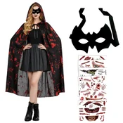 Nikcorp Kostum Vampir Drakula z ogrinjalom 150 cm, masko in tatuji, preobleka za Halloween in pust s krvavim motivom, belo-rdeč