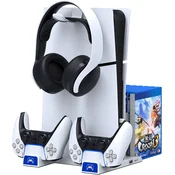 PlayStation 5 Slim večnamensko polnilno stojalo za 2 kontrolerja in slušalke bele barve iPega