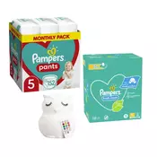 Pampers Pelene Pants 5, Monthly, 12-17kg, 152/1+ Pampers Vlažne maramice Fresh clean, 15x80 komada+Lumipets Nocna lampa Sova