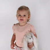 Mareličen otroški bodi za punčko z vzorčkom v tkanini