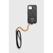 Guess GUHCP15SP4TDSCPK silikonski ovitek za iPhone 15 - črn z zlatim trikotnim logom in paščkom