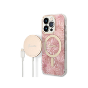 Maska Guess Case + Charger Set iPhone 14 Pro 6,1 pink hard case Jungle MagSafe (GUBPP14LHJEACSP)