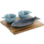 Set za Predjelo Home ESPRIT Plava Nebesko plava Porculan Drvo akacije Mediteran Ribe 19,5 x 16,5 x 1,3 cm 4 Dijelovi