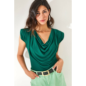 Olalook Womens Emerald Green Padded Plunging Collar Flowy Blouse