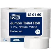 Toaletni papir, sistem T1, 1-slojni, premer: 26 cm, univerzalni, TORK Jumbo, bel, 6 rolic