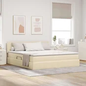 Vidaxl Postelja z LED lučmi z vzglavjem Krema 160 x 200 cm blago