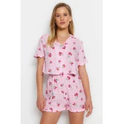 Trendyol Pink Floral Pattern Viscose Shirt-Short Woven Pajamas Set
