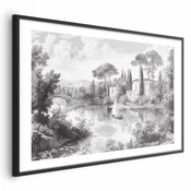 shumee Plakat - Črno-bela vintage pokrajina z ribnikom