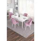 Hanah Home trpezarijski set Eva, sto na razvlacenje i 4 stolice, bela ploca, roze tkanina Babyface