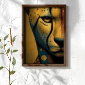 WallXpert uramljena MDF slika NAL110-70, lice geparda u žutim i plavim tonovima, 50 x 70 cm