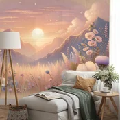 Tapeta pastelna pokrajina s cvetjem ob sončnem zahodu - 343x231