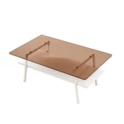 SONNENH Pravokotna klubska mizica 98 x 58 x 42,5 cm, rjava plošča iz kaljenega stekla, bela spodnja MDF-polica in bele kovinske noge, dve ravnini