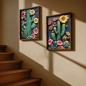WallXpert set uramljenih MDF slika NAL194-46, kaktusi sa šarenim cvetovima na tamnoplavoj pozadini, 2 x 35,5 x 47 cm