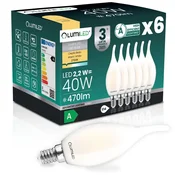 LUMILED 6x LED žarnica E14 svečka BA35 2,2 W 470 lm = 40 W 2700 K topla 360° žarnica z žarilno nitko razreda A