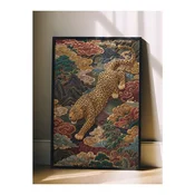 WallXpert uramljena slika 115247, leopard u skoku medu šarenim oblacima i planinama, 30 x 40 cm, crni ram