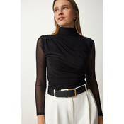 Happiness Istanbul Womens Black Chiffon Sleeve Gathered Knitted Blouse