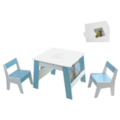 Kinder home deciji drveni sto sa 2 stolice, sa korpom za igracke, konstruktore i ostavu za knjige - bela/plava ( TF-6266 )
