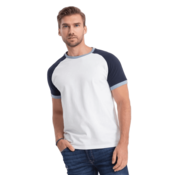 OMBRE Moška bombažna majica REGLAN bela in temno modra MDN124093 S